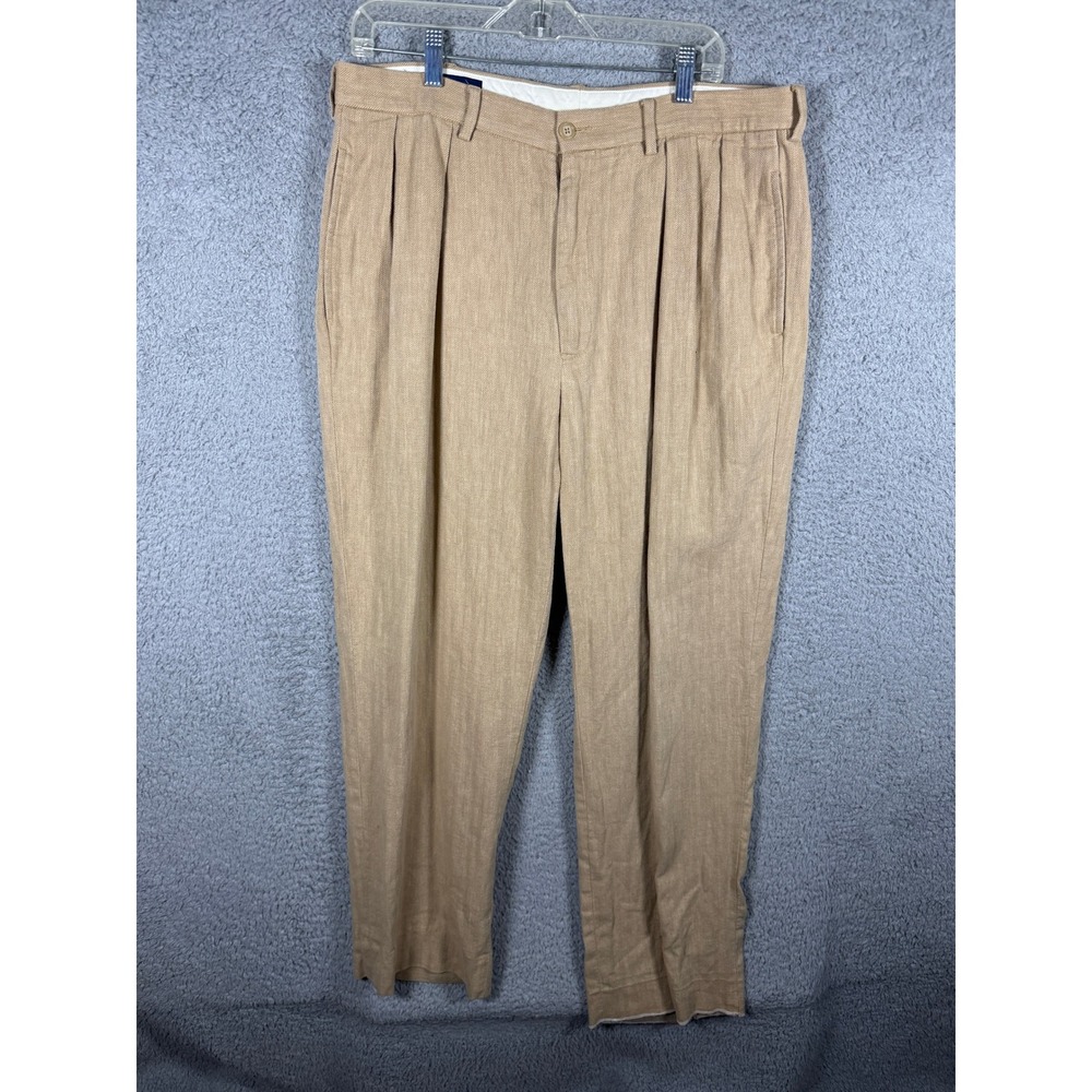VTG Polo Golf Ralph Lauren Linen Cotton Herringbone Pleated Pants Tan Mens 36x31